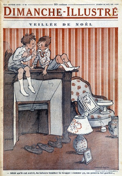 Children sitting on the chimney, trapping a trap at Father Christmas, for the Christmas 1930 newspaper 