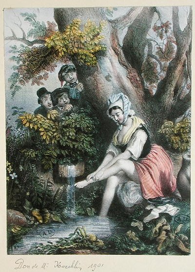 Children Spying on a Young Girl Washing Her Feet in a Stream by French School