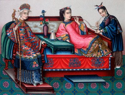 Chinese noble women smoking opium - in The historical costume by Racinet by French School