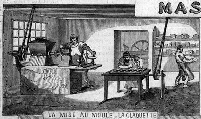 Chocolate manufacturing: weighing and mould, tap. Usine de M. Masson, Paris by French School