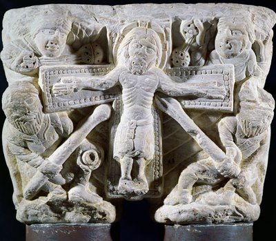 Christ on the Cross, relief on a capital of twin columns by French School
