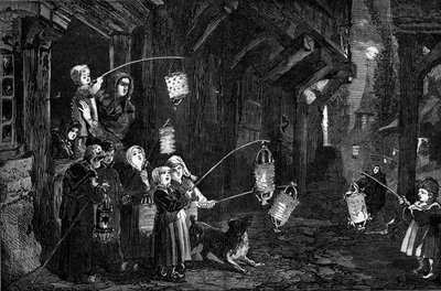 Christian custom - Epiphany - 1860: children of a village in Normandy with lanterns walking through the streets by French School
