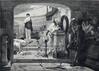 Christian martyr entering the arena to be delivered to the beasts. Engraving after the painting by Albret Baur by French School