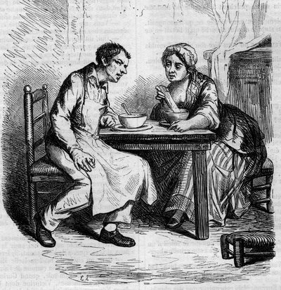 Christophe and the fat Sylvie: servants having breakfast. Engraving mid 19th century. Illustration for The Father Goriot by Honore de Balzac (1799-1850) by French School