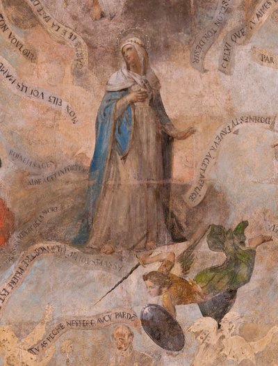 Church (Eglise Saint-Jean-Baptiste). Interior. Chapel Saint-Fursy. Mural paintings. The glorification of Mary (fresco called the good death). Begin 17th century. by French School
