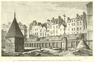 Cemetery and charnel houses of the Holy Innocents, on the side of Fers Street, 1780, after a drawing by Bernier, Coll A Lenoir by French School