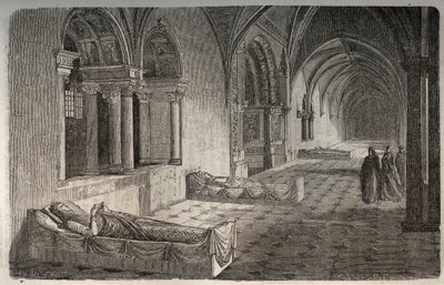 Cloitre de Fontevrault with statues of Henri II - Eleonore de Guyenne - engraving in 