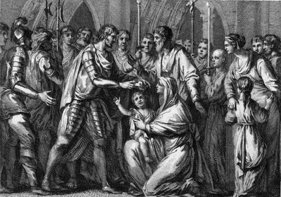 Clotaire II, known as the Young (584-628), crowned king of Neustria by his uncle, Gontran I (ca. 545-592), king of Orleans and Burgundy. His mother, Queen Fredegonde (ca. 545-597), holds him in her arms. 584. Engraving of the 18th century by French School