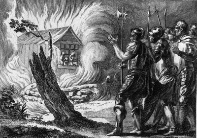 Clotaire I (497-561), king of the Franks, had his son Chramne burned in a cottage, who revolted against him and his family. About 560. Engraving of the 18th century by French School