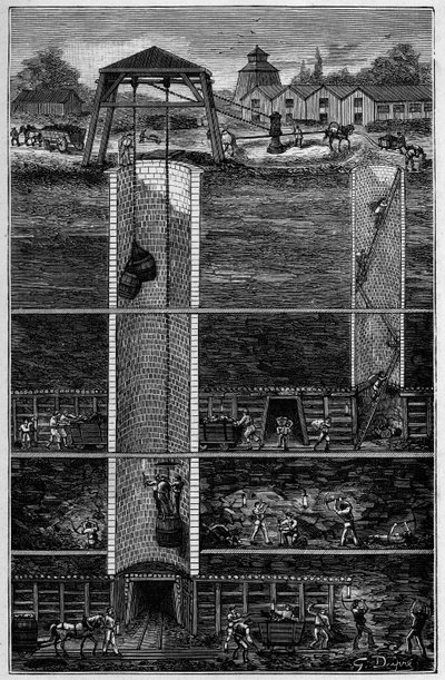 Coal mines in the 19th Century - Mining of coal mines in the 19th century - Engraving in Sciences at the reach of all - Popular physics and chemistry by Alexis Clerc - Late 19th century - Private collection. by French School