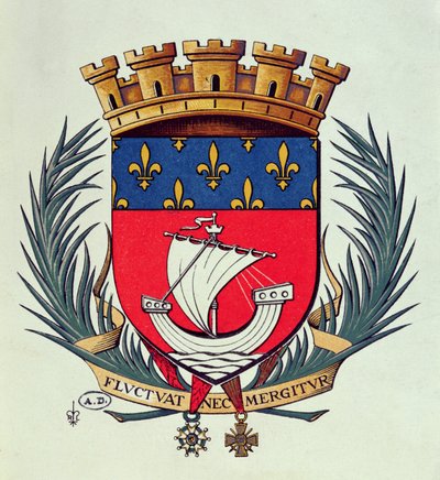 Coat of arms of the city of Paris with the motto Fluctuat Nec Mergitur (tossed by the waves she does not sink) by French School