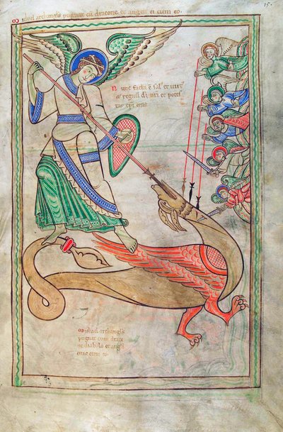Saint Michael Fighting the Dragon, from Liber Floridus by Lambert de Saint-Omer c.1120 by French School