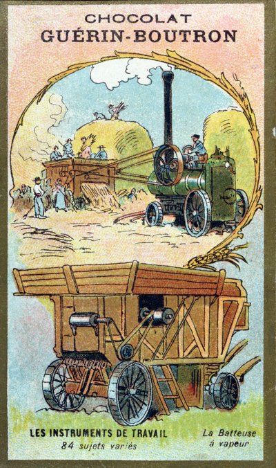 Collectors card from Chocolat Guerin-Boutron depicting a steam threshing machine by French School