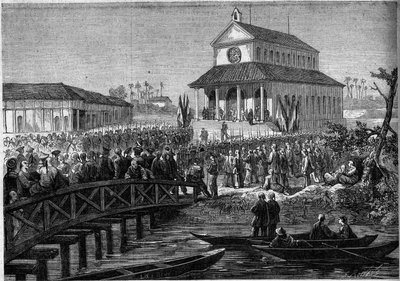 Colonialism: Inauguration of the Cathedral Built in Saigon by France. Indochina (Vietnam) by French School