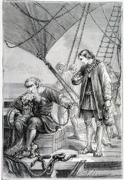 Columbus bound as a villain (on ship deck), illustration 