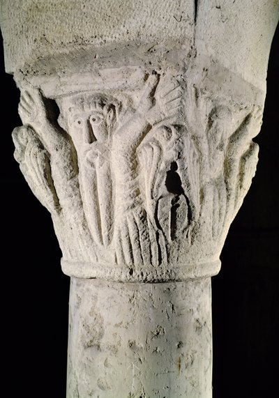 Column capital with a man with raised arms by French School