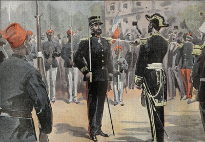 Commander Jean-Baptiste Marchand received the tie of commander of the Legion of Honour, on 30 May 1899 in Toulon, from the hands of Admiral de La Jaille, surrounded by Senegalese riders of the African exploration mission by French School