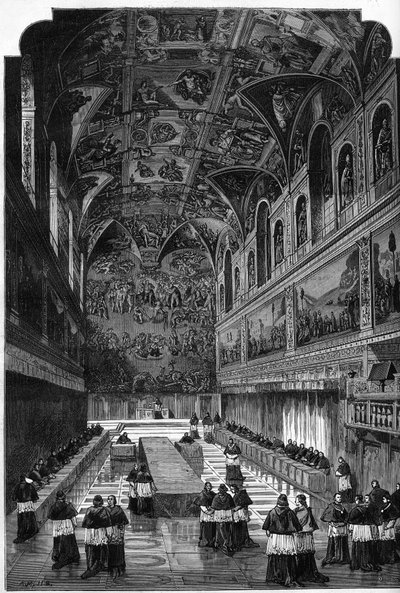Conclave of 1878: view of the interior of the Sistine Chapel during the vote to elect Pope Pius IX