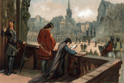 Constance next to her husband Robert II the Pious, King of France, looks at the torment of the heretics condemned on the Place de Grève in Paris by French School