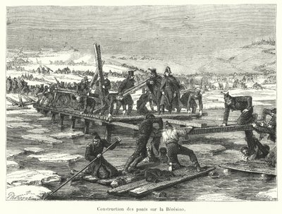 Construction of Bridges over the Berezina (engraving) by French School