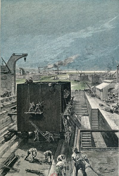 Construction of a Ship, from lIle a Helice by Jules Verne published in 1865 by French School