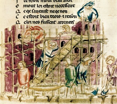 Construction of a fortress, Miniature of a 14th century manuscript Paris, B.N. by French School