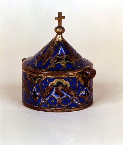 Container for holy oil in enamel. Limoges by French School