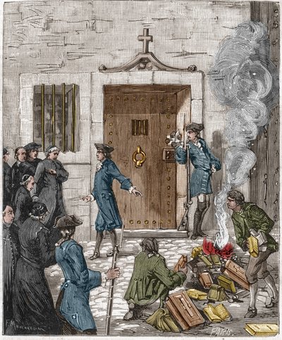 Conviction of the Societe des Jesuites following the decision of the Parlement de Paris of 6 August 1762. The court ordered that more than 24 books and books made by the Jesuites be burned by the executioner. Engraving of the 19th century. by French School