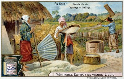 Korea: rice harvesting, weaving and threshing - chromo. Liébig, c.1900 by French School