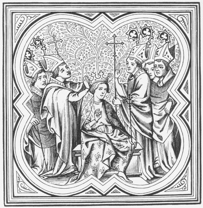 Coronation of Charlemagne (742-814) after a Miniature in Chronicles of St. Denis by French School