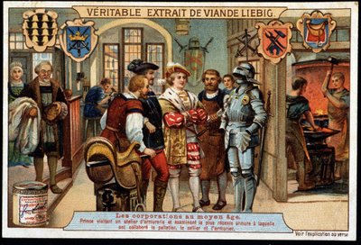 Corporations in the Middle Ages: Prince visiting an armory workshop and examining the most recent armor in which the pelletier, saddler and gunsmith worked by French School