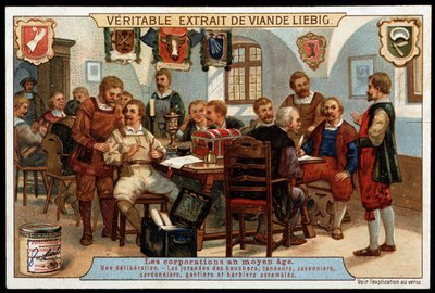 Corporations in the Middle Ages: A Deliberation of the Jurands of Butchers, Tanners, Soap Makers, Shoemakers, Gloves and Assembled Barbers - Advertising Vignette Liebig, Late 19th Century by French School