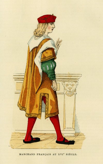 Costume of a French merchant in the 17th century. Engraving in colours, in France et les francais a travers les centuries by Augustin Challamel, F.Roy editor, Paris 1882. Selva Collection. by French School