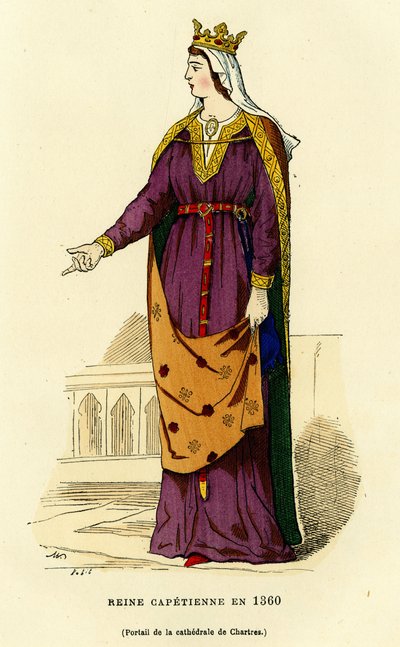 Costume of a Capetian queen in 1360, wearing a golden crown, on a light veil that partially hides her smooth hairstyle, wearing an open chlamyde (coat) on the chest fixed by a golden chain fibula, the very long tunic is tightened at the waist by an embroid by French School