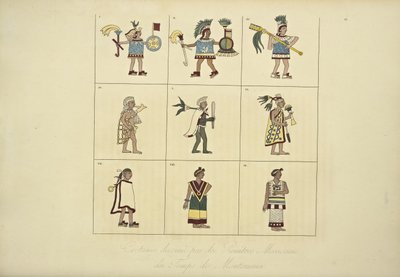 Costumes Designed by the Mexican Painters of the Time of Montezuma, Illustration from Vues des Cordillères et Monumens des Peuples Indigènes de l