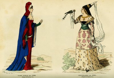 Costumes of noble lady in 1386 and of chatelaine in 1395. Colour engraving, in France et les francais a travers les centuries by Augustin Challamel, F.Roy editor, Paris 1882. Selva Collection. by French School