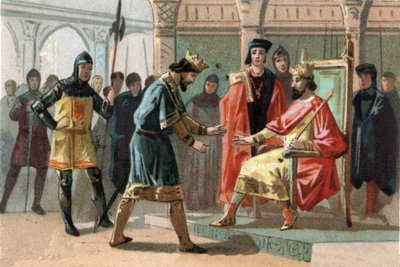 Count Louis de Crecy, threatened by the inhabitants of Kortrijk, asked for help from the King of France Charles the Fair (1294-1328). Chromolithograph around 1890 by French School