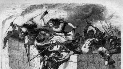 Countess Mathilde of Tuscany (Matilde di Toscana) known as Canossa (1046-1115) pushed back the troops of Emperor Henry IV of the Holy Germanic Empire to his Castle of Canossa in 1077. Engraving in 