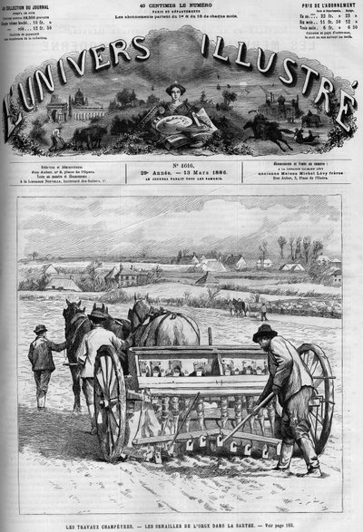 Country work: sowing barley in the Sarthe. A newspaper. Engraving in Le Monde Illustre, March 13 by French School
