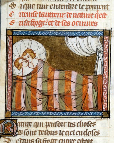 Couple in bed. Miniature taken from the novel of the rose by Jean de Meun by French School