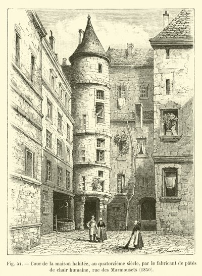 Courtyard of the house inhabited, in the fourteenth century, by the human flesh paste maker, rue des Marmousets, 1850 by French School
