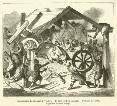 Coronation of the Emperors in Frankfurt, The Roast Ox Delivered to the People (engraving) by French School