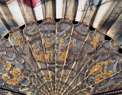 Court Hand Fan Depicting Love and Theatre, Covered Paper with Ivory Guard Stick Decorated with Enamels and Gilded and Silver Metals by French School