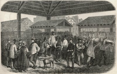 Cree de la viande de boucherie au marche de la rue des Prouvaires dans le I arrondissement de Paris - Engraving in 