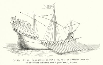 Sketch of a galleass of the 16th century, painted in tempera on the door of a cabinet, preserved in the Doria Palace, Genoa by French School