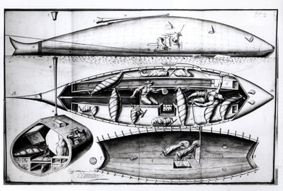 Cross-Section of a Submarine, from a manuscript, March 1689 by French School