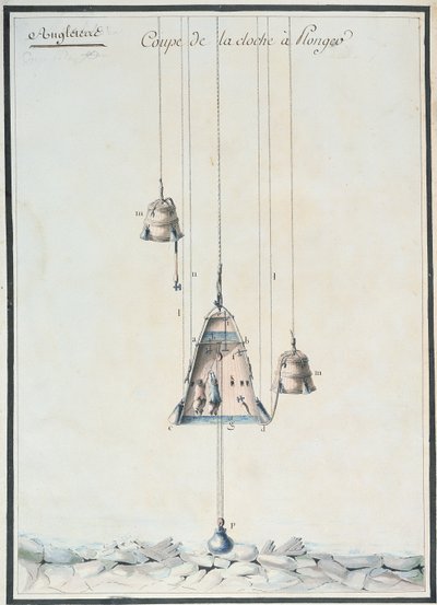 Cross-sectional drawing of a diving bell by French School