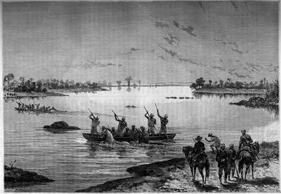Crossing Niger by boat by missionaries. Engraving in the illustrious journal 