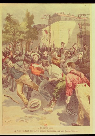 Crowd lynching negroes accused of murdering a white woman in America by French School