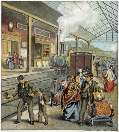 Crowd on quay of a train station in England by French School
